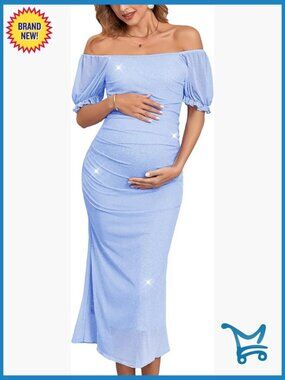 Maternity Dress with Puff Sleeves, Bodycon Fishtail, Ruched Bump-Friendly